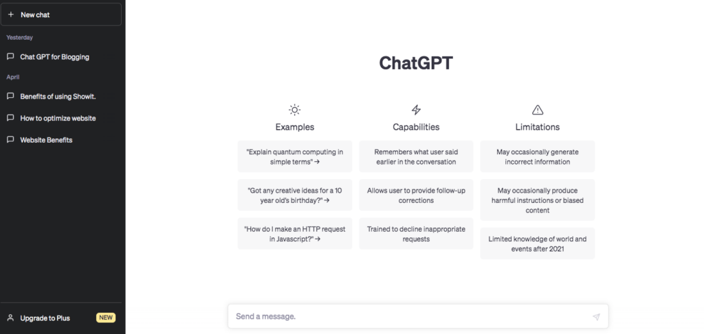 How to use Chat GPT for blog posts. The interface of Chat GPT and where to ask questions when making content marketing requests.