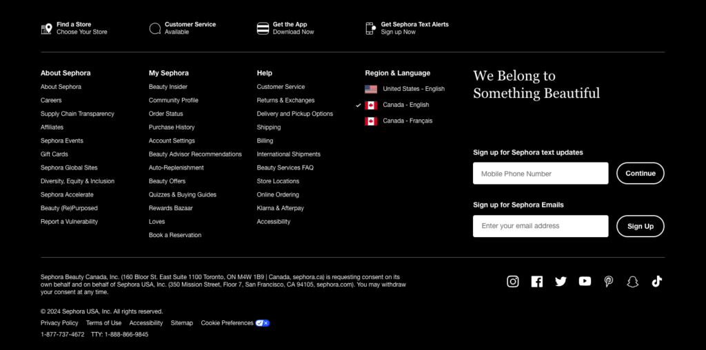 Footer example from sephora for website navigation