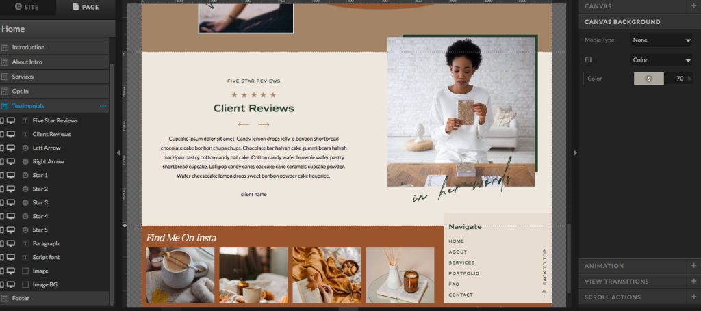 Style your testimonial slider canvas on Showit