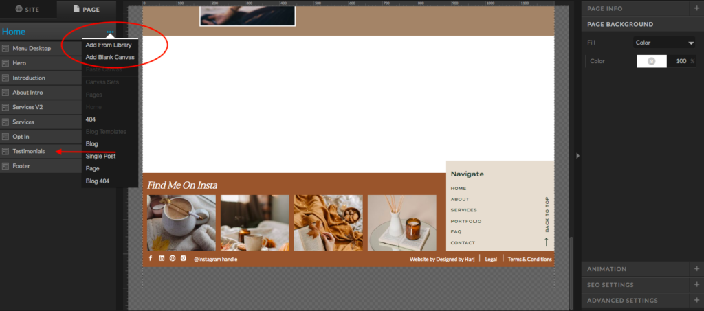 How to add a canvas on Showit to create a testimonial slider