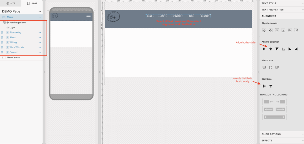 How to use distribution and alignment on showit to create a navigation bar