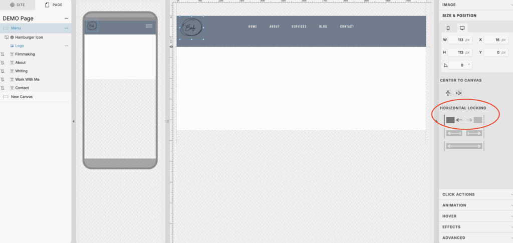 How to use horizontal locking on showit to create a menu bar