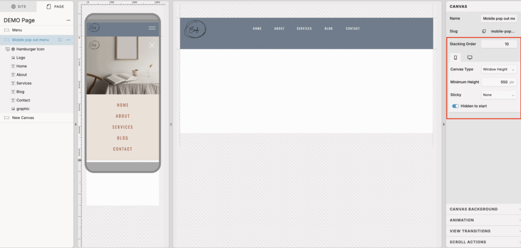 How to create a mobile pop out menu bar on showit