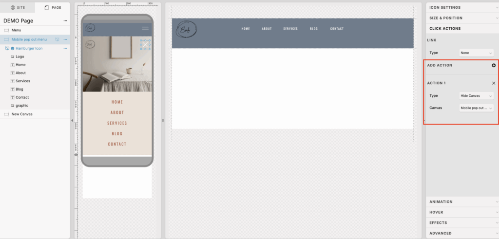 how to add click actions on showit