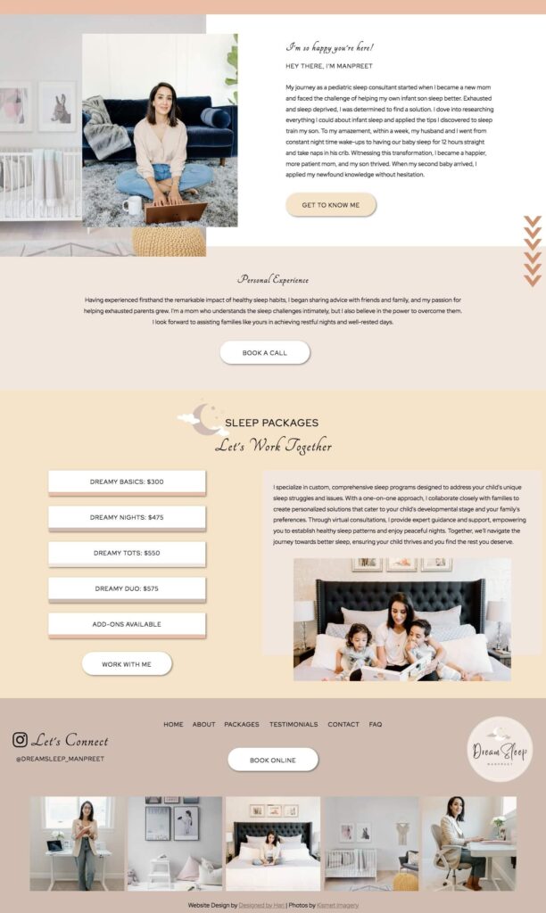 newborn sleep specialist homepage website design screenshot