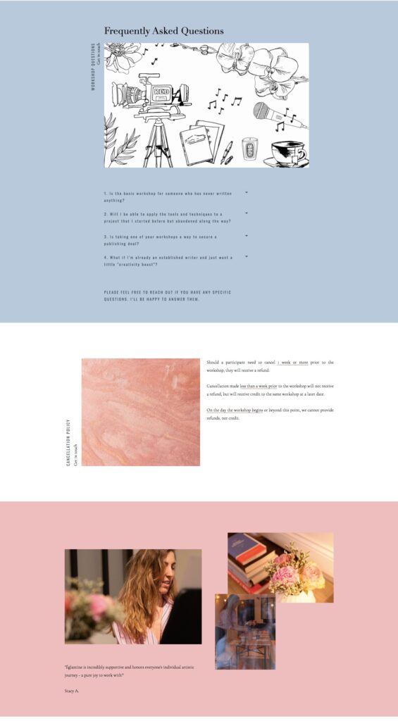 artist website design work with me page and FAQ design