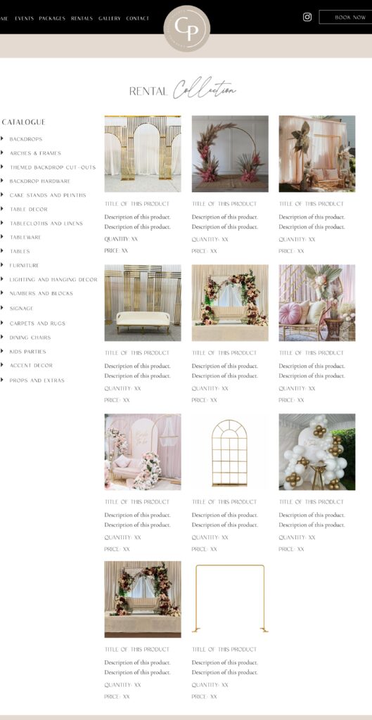 Wedding rental decor catalogue items