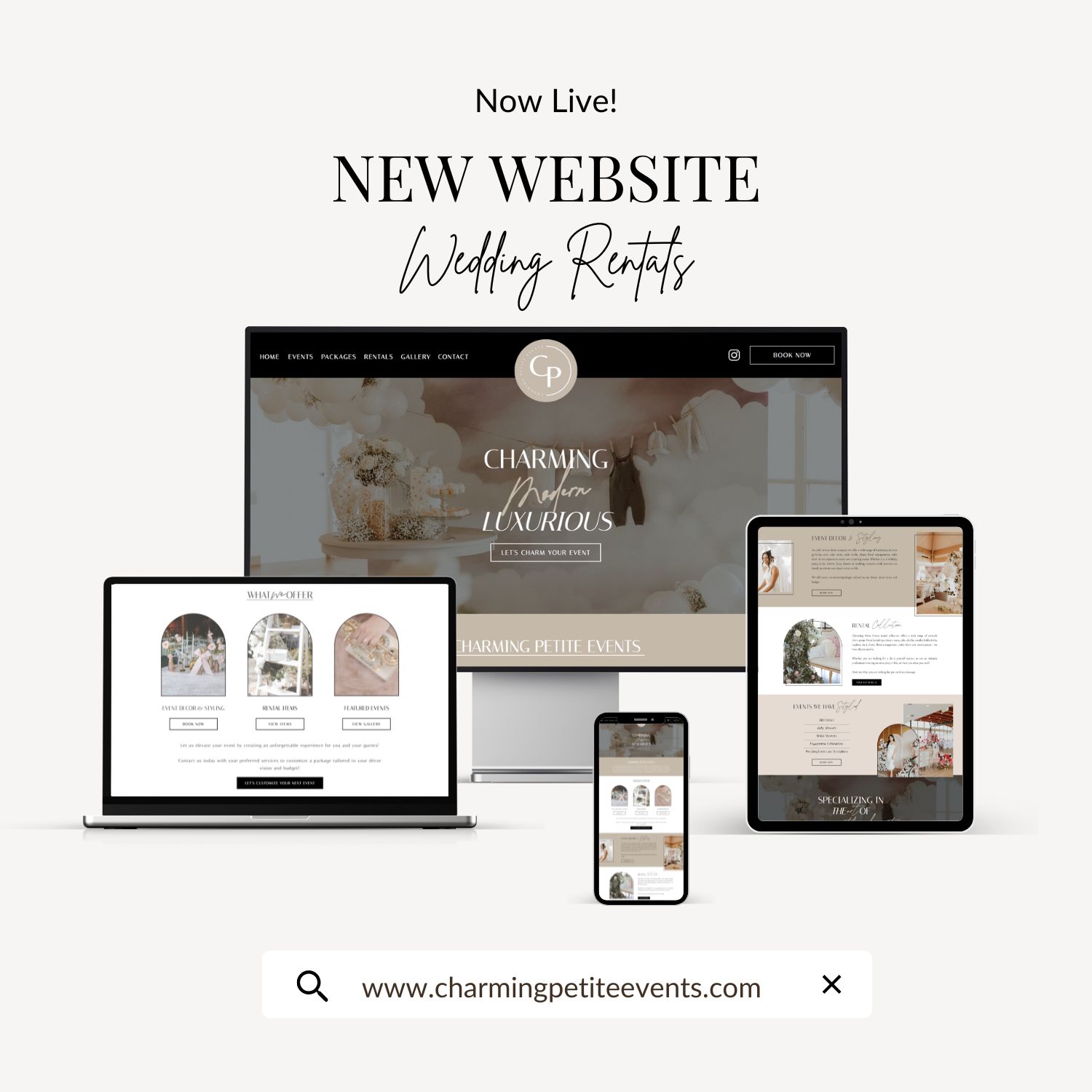 Wedding rentals decor company website launch showcased in laptop, desktop and ipad mockups