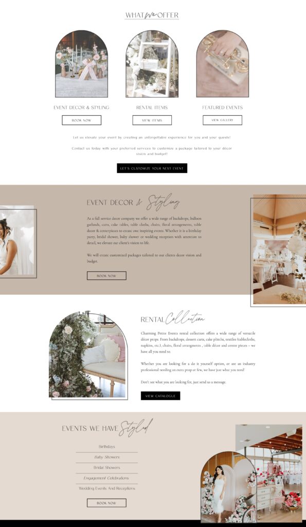Wedding rentals company website homepage