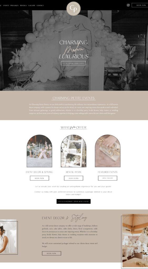 Website homepage design for wedding rentals and events decor company