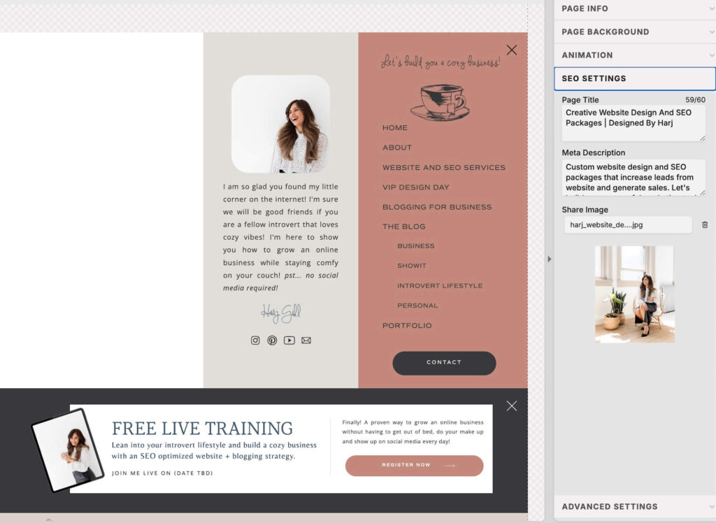 where to add page title, page description and share image on showit website