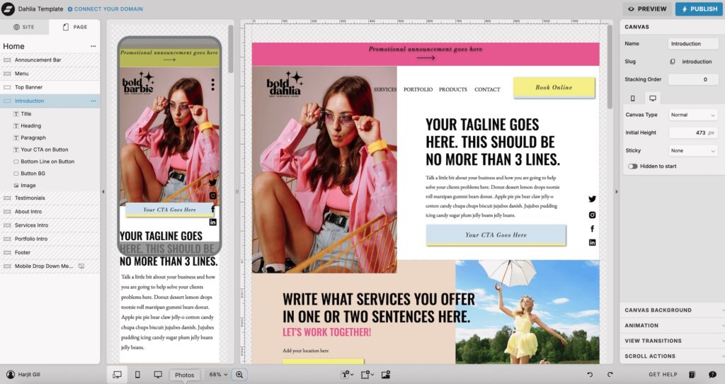 Screenshot of the Showit website design app