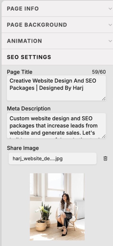 Screenshot of the SEO settings available on Showit