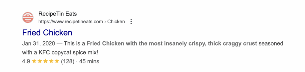 Google search engine results for a fried chicken recipe showing the page title and page description