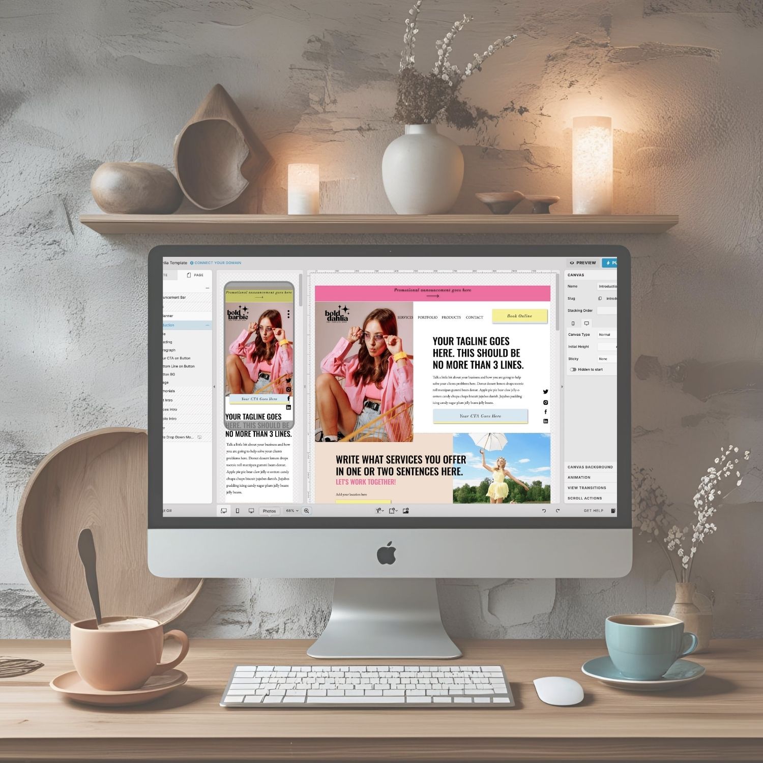 Screenshot of Showit website builder on a desktop mac that's on a kitchen table