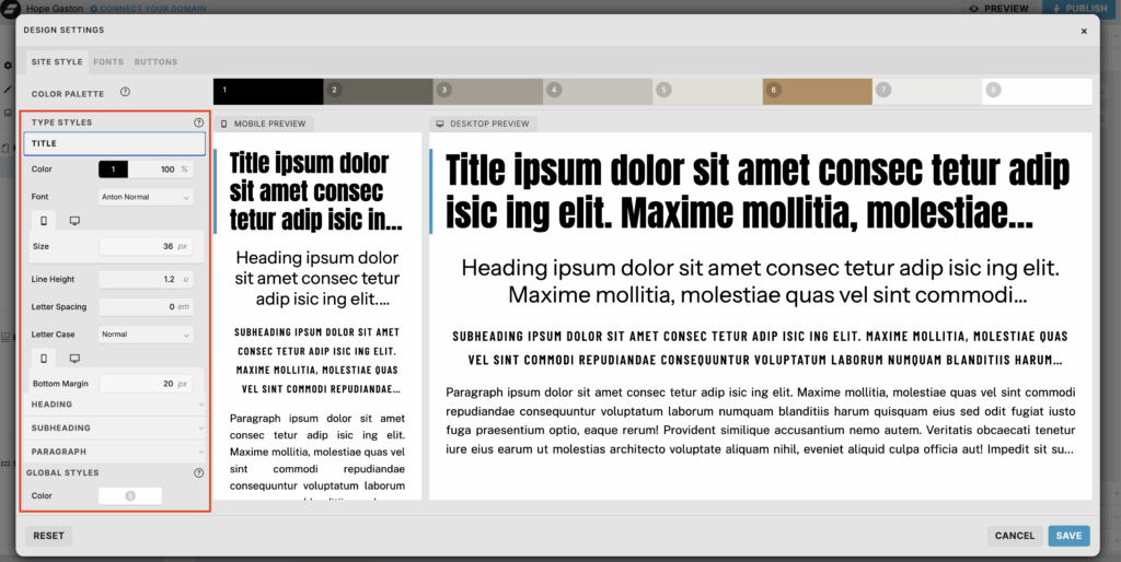 where to add your font settings in showit