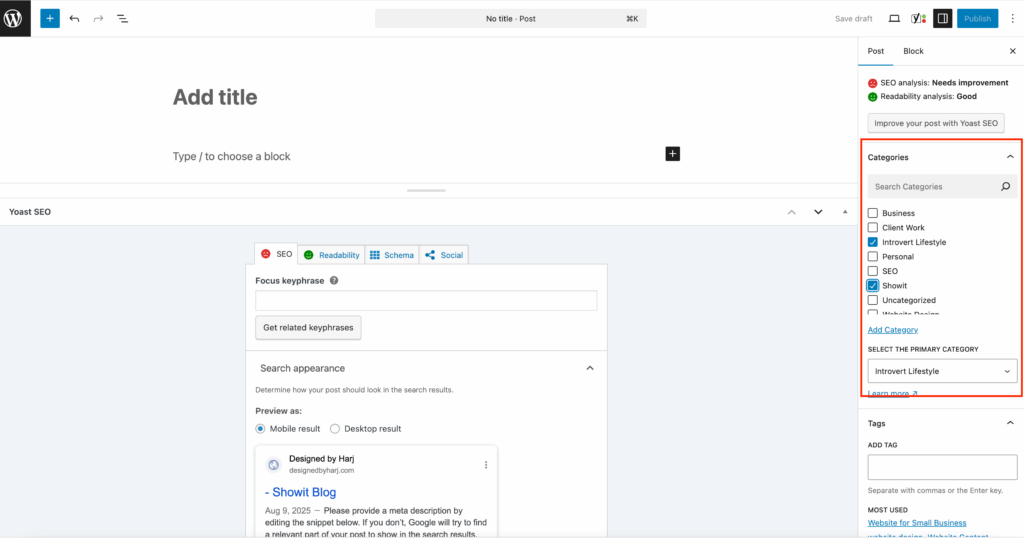 how to select a blog category on showit