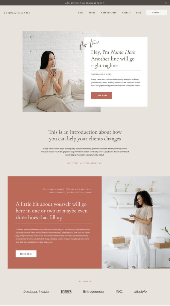 Website for coach homepage screenshot of top section