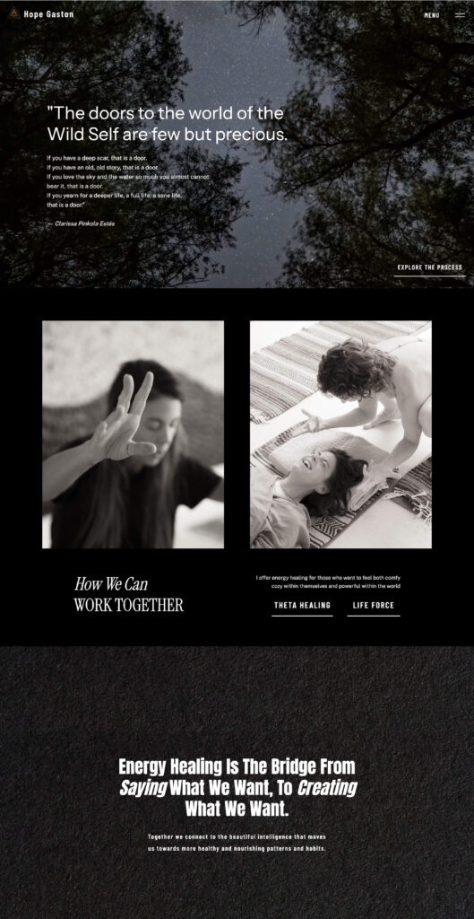 Screenshot of Showit website homepage for healing business