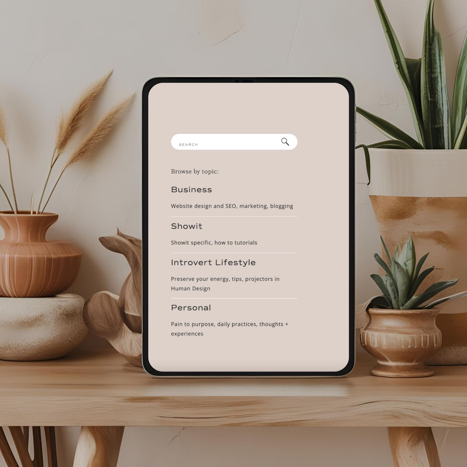 Showit blog categories listed on an ipad