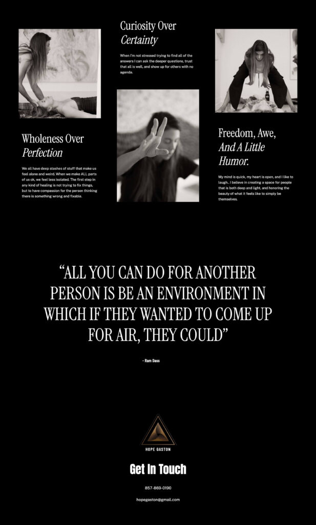 Custom website about page for deep healing business. 