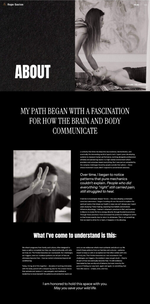 About page screenshot for custom deep healing website