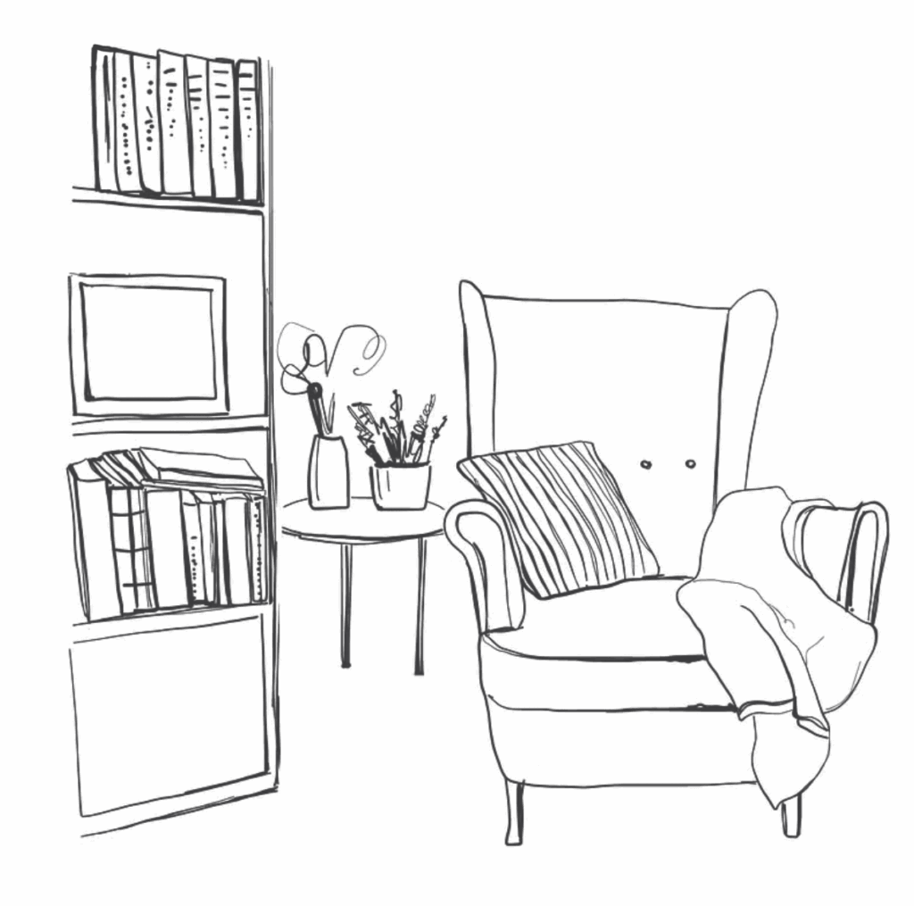 cozy sofa and book case illustration