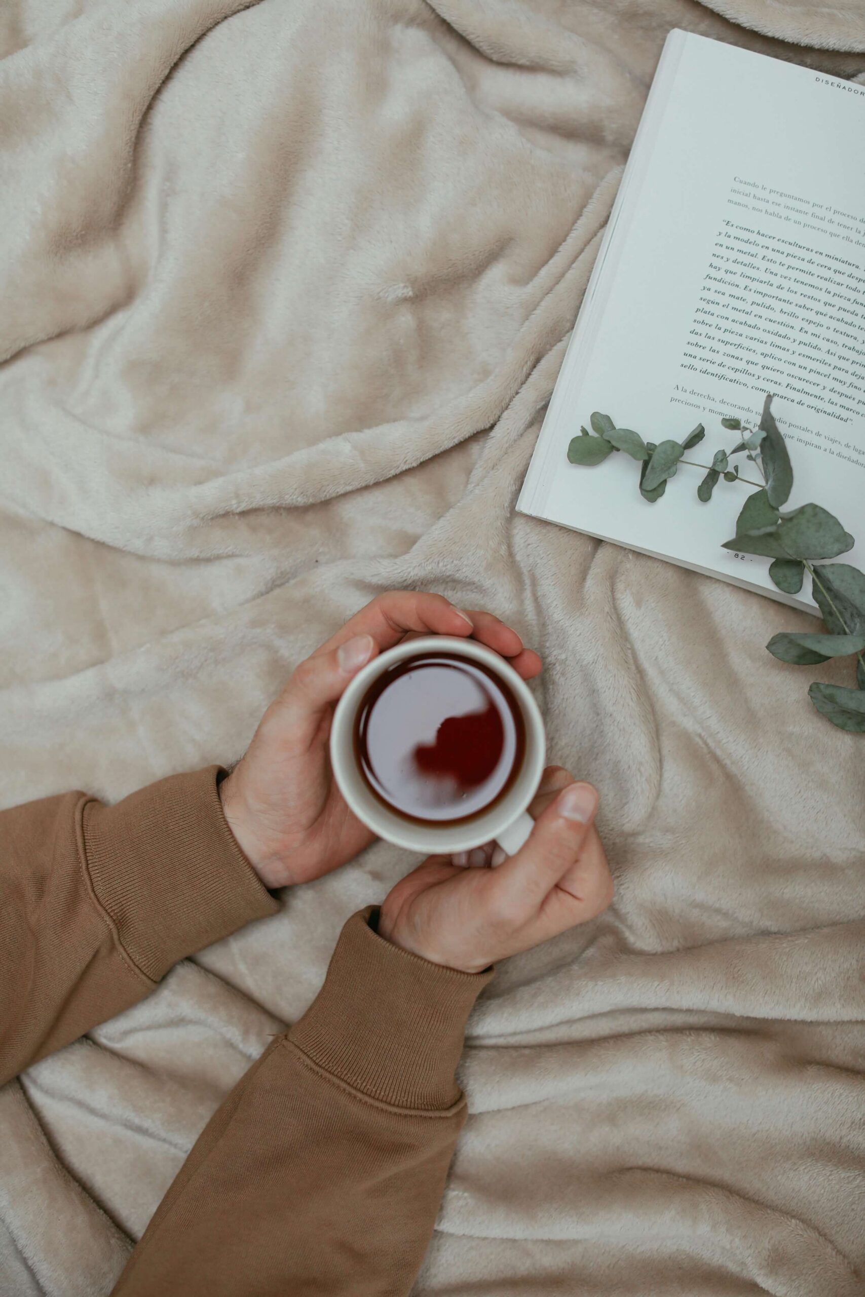 hands holding a cup of tea with a book on a blanket